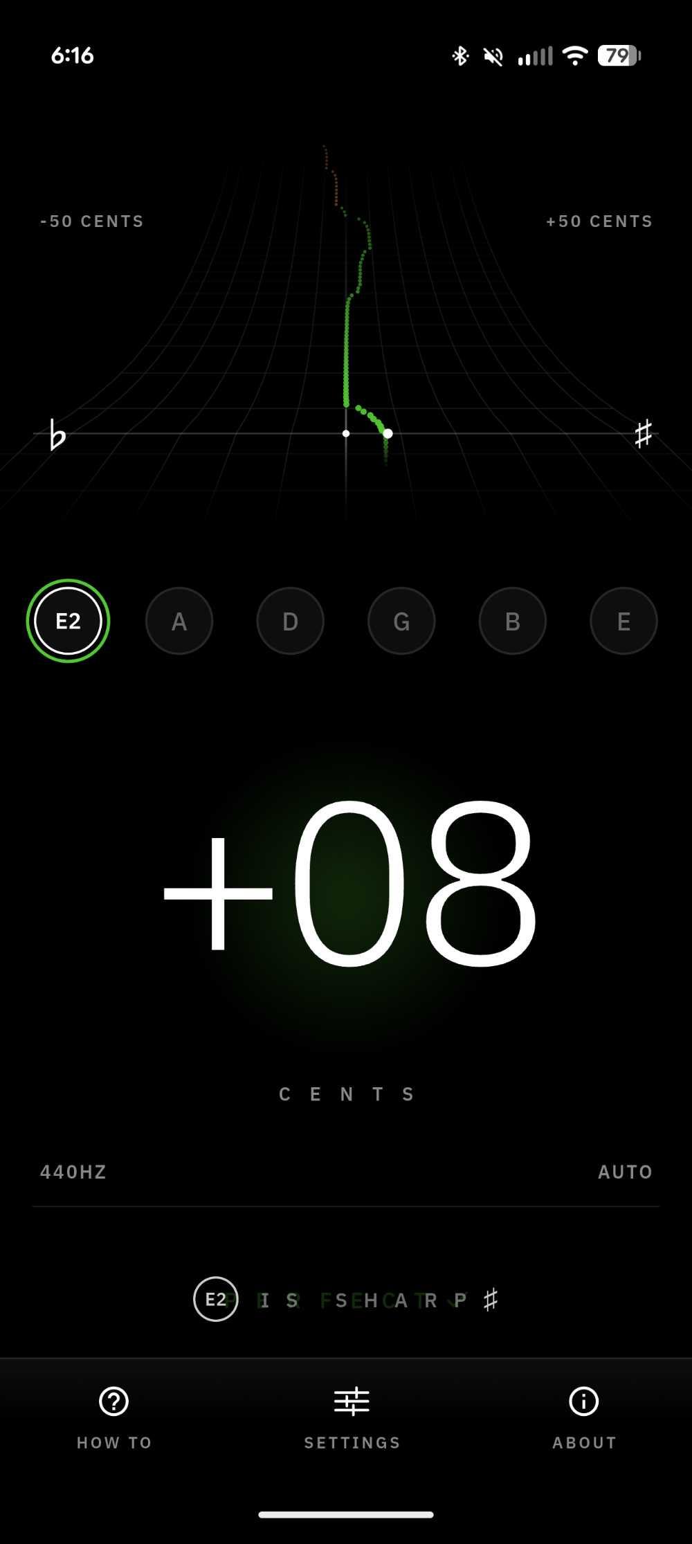 Minimalist Guitar Tuner user interface displaying pitch visualization and precision cents